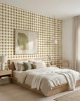 Picnic Reverie olive green checkerboard wallpaper adding character to a cozy bedroom