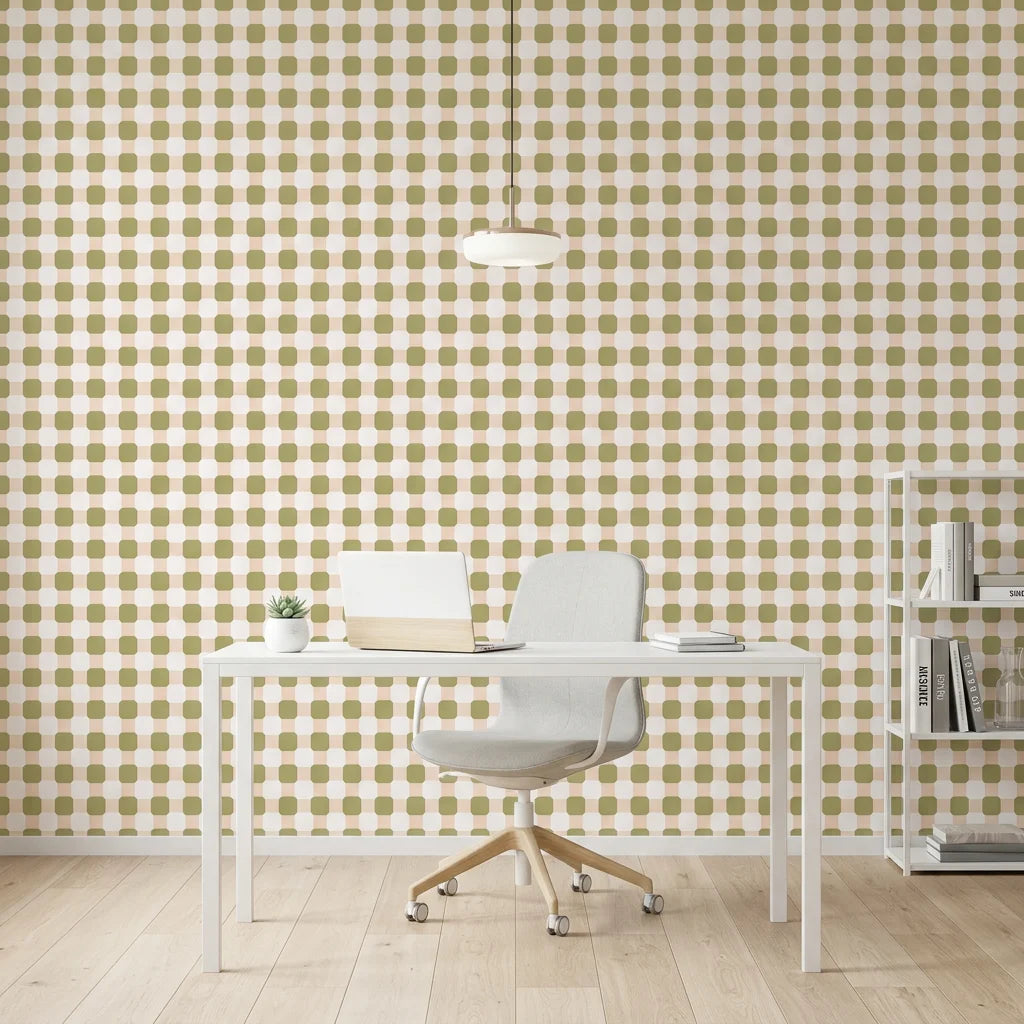 Picnic Reverie olive green checkerboard wallpaper as a feature wall in a bright home office