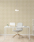 Picnic Reverie olive green checkerboard wallpaper as a feature wall in a bright home office