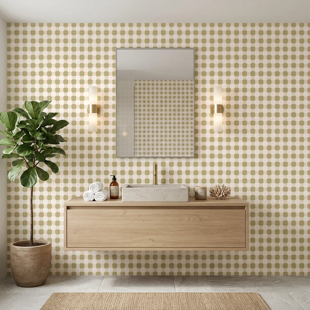 Picnic Reverie olive green checkerboard wallpaper creating ambiance in a serene bathroom