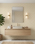 Picnic Reverie olive green checkerboard wallpaper creating ambiance in a serene bathroom
