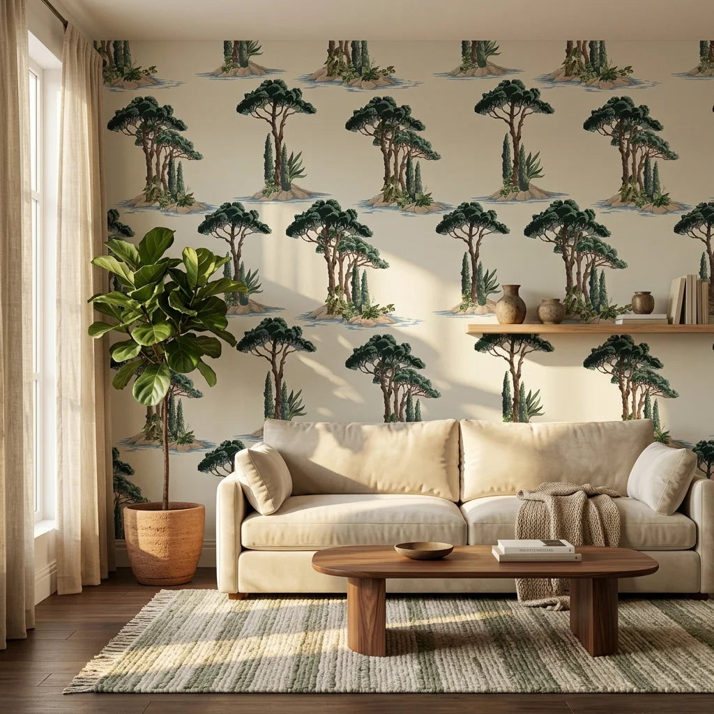 Pine Island coastal palm serenity wallpaper in a warm and inviting living room