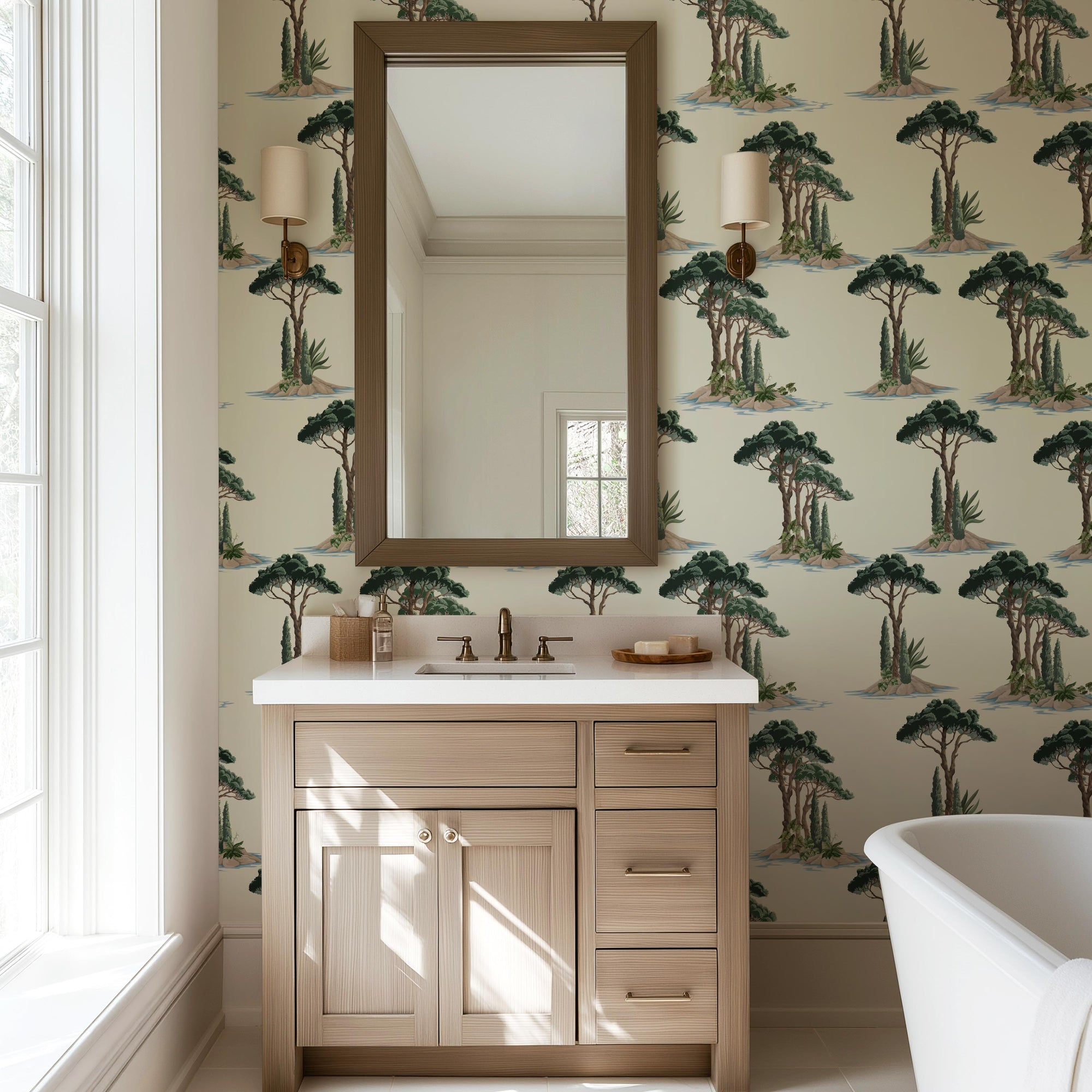 Pine Island wallpaper scene detail with calm island mood, gentle fronds, and warm natural balance