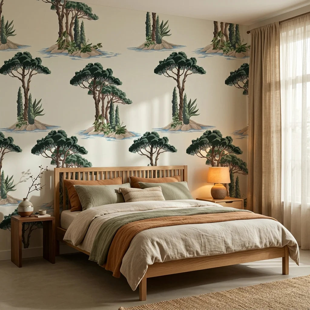 Pine Island coastal palm serenity wallpaper adding character to a cozy bedroom