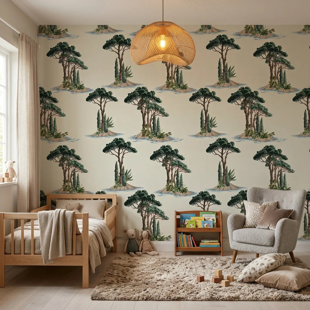 Pine Island coastal palm serenity wallpaper as a feature wall in a bright home office