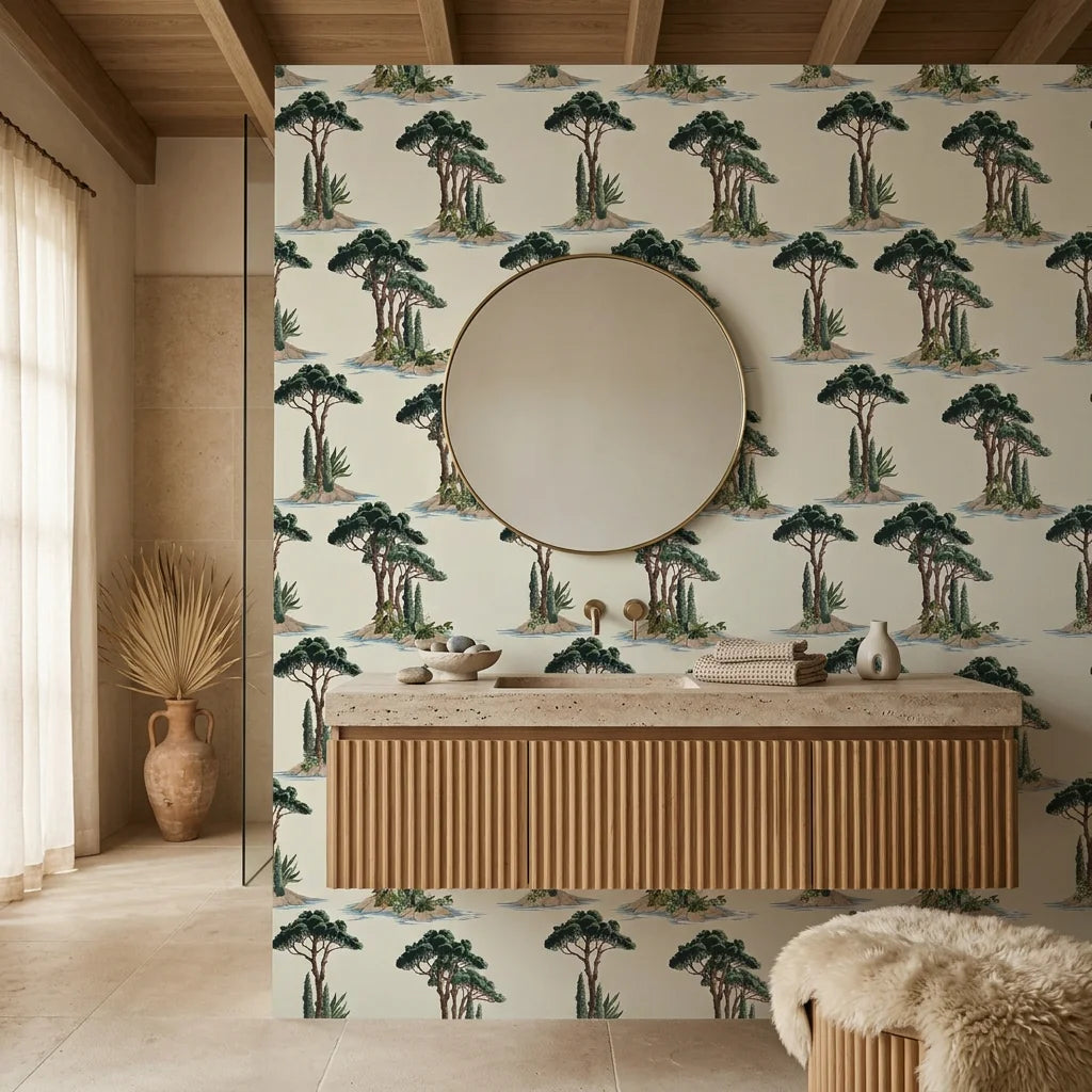 Pine Island coastal palm serenity wallpaper creating ambiance in a serene bathroom
