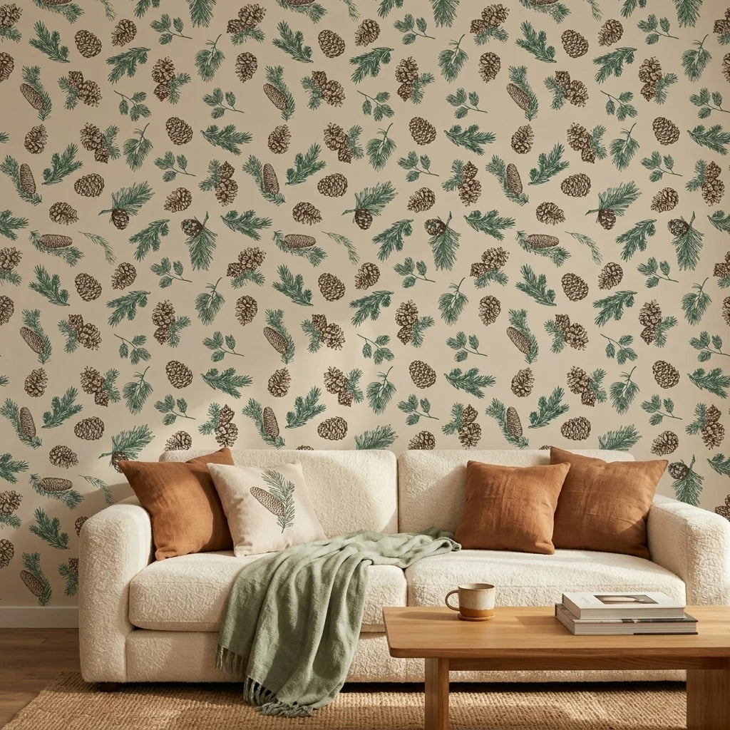 Pine & Frost green botanical peel and stick wallpaper in a warm and inviting living room