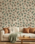 Pine & Frost green botanical peel and stick wallpaper in a warm and inviting living room