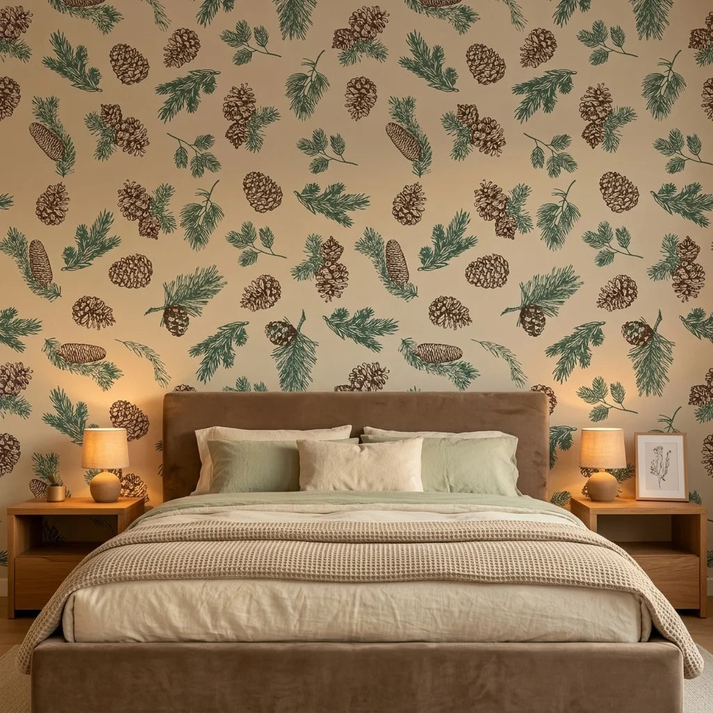Pine & Frost green botanical peel and stick wallpaper adding character to a cozy bedroom