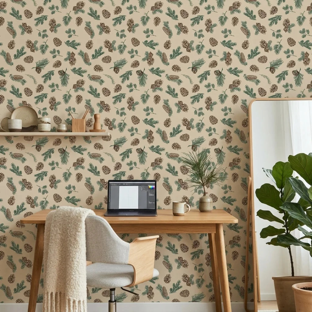 Pine & Frost green botanical peel and stick wallpaper as a feature wall in a bright home office