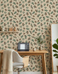 Pine & Frost green botanical peel and stick wallpaper as a feature wall in a bright home office