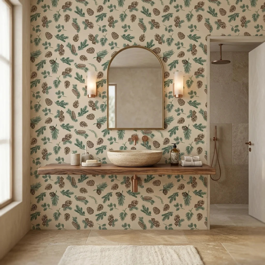 Pine & Frost green botanical peel and stick wallpaper creating ambiance in a serene bathroom
