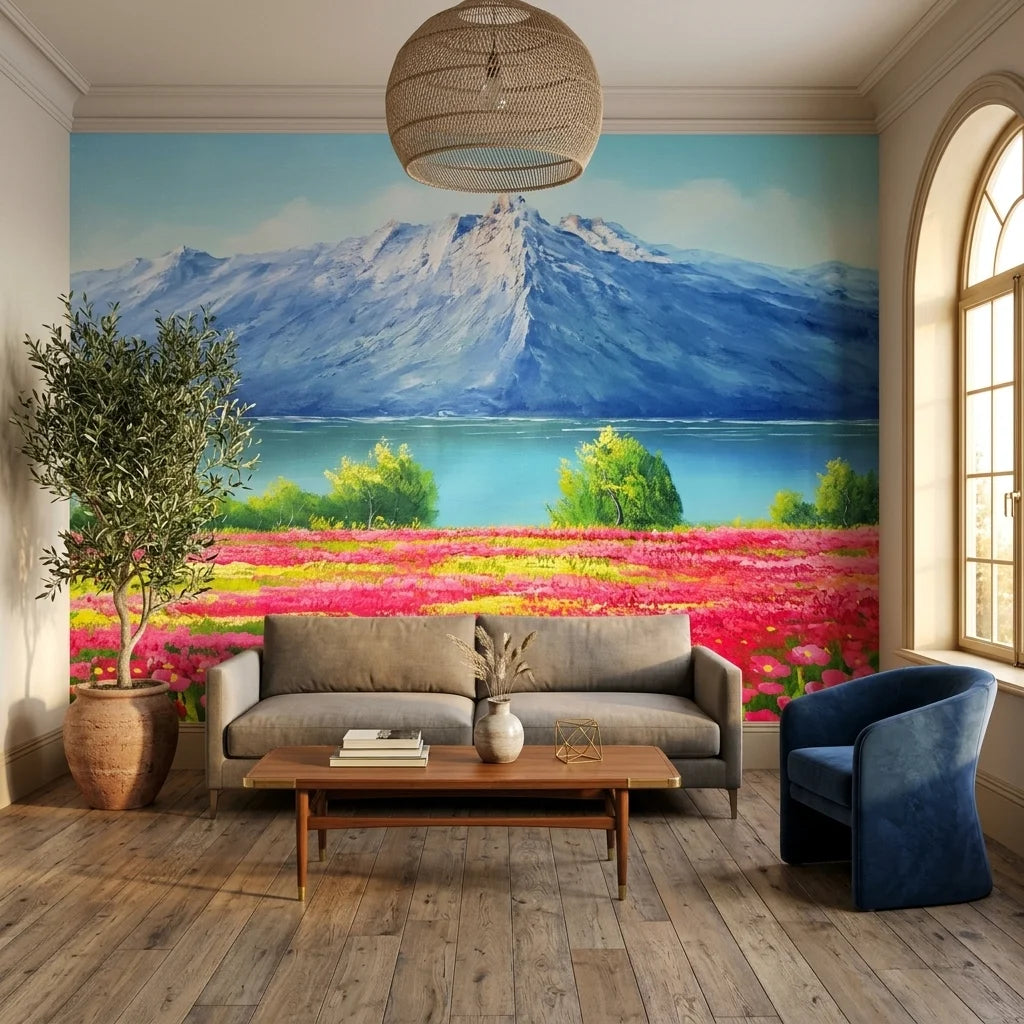 Canvas-like pink wildflower meadow and blue mountain landscape peel and stick wallpaper - Pink Ascent