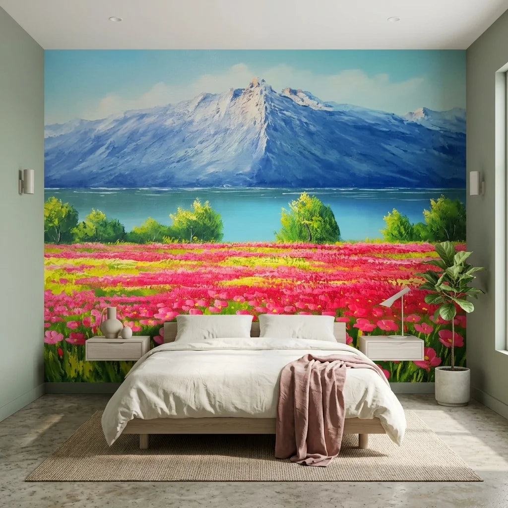 Pink Ascent bold mountain and wildflower meadow wallpaper in a warm and inviting living room