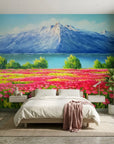 Pink Ascent bold mountain and wildflower meadow wallpaper in a warm and inviting living room