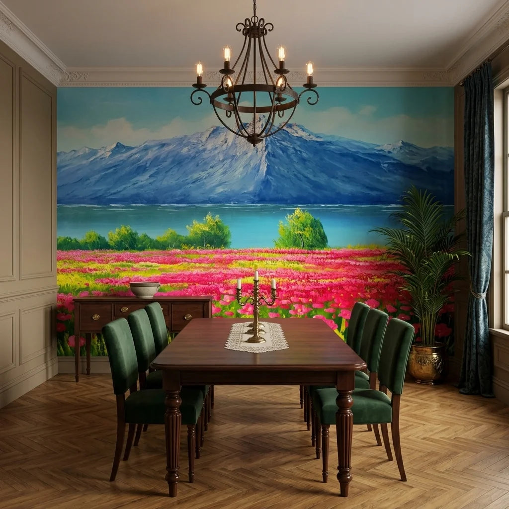 Pink Ascent bold mountain and wildflower meadow wallpaper adding character to a cozy bedroom