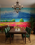 Pink Ascent bold mountain and wildflower meadow wallpaper adding character to a cozy bedroom