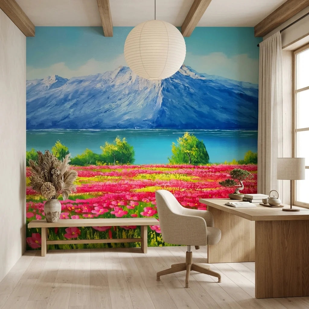 Pink Ascent bold mountain and wildflower meadow wallpaper as a feature wall in a bright home office