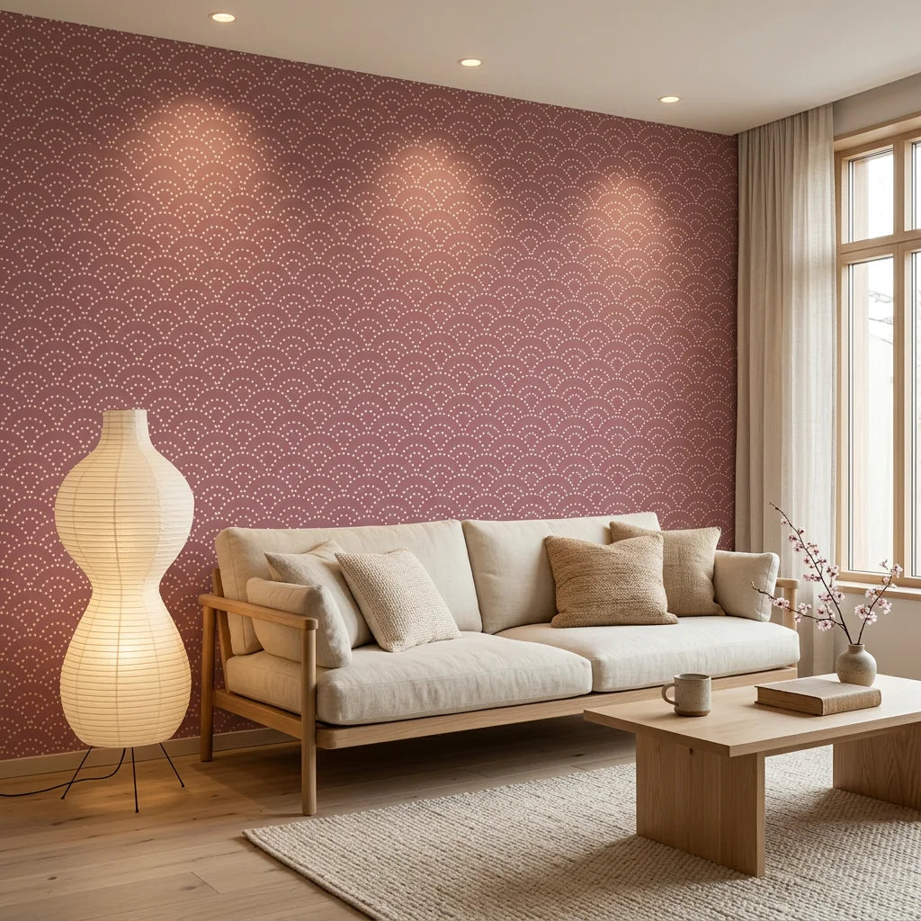 Plum Seigaiha purple japanese wave wallpaper in a warm and inviting living room