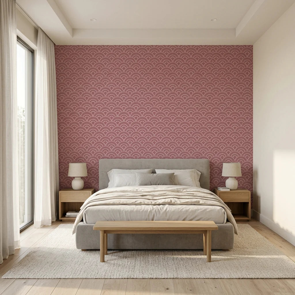 Plum Seigaiha purple japanese wave wallpaper adding character to a cozy bedroom