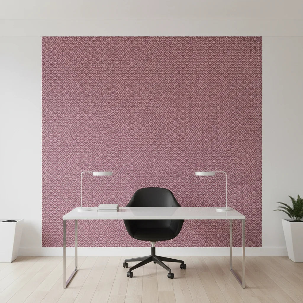Plum Seigaiha purple japanese wave wallpaper as a feature wall in a bright home office