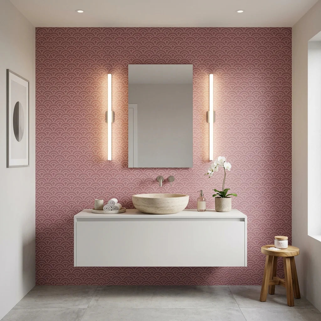 Plum Seigaiha purple japanese wave wallpaper creating ambiance in a serene bathroom