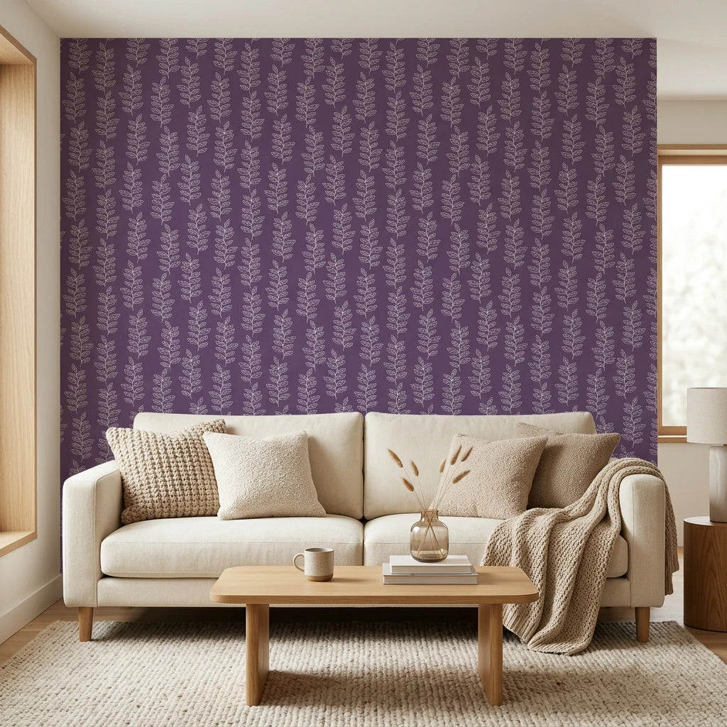 Plum &amp; Vine serene purple trailing leaf wallpaper in a warm and inviting living room