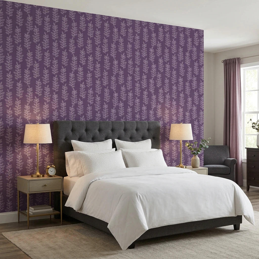 Plum &amp; Vine serene purple trailing leaf wallpaper adding character to a cozy bedroom
