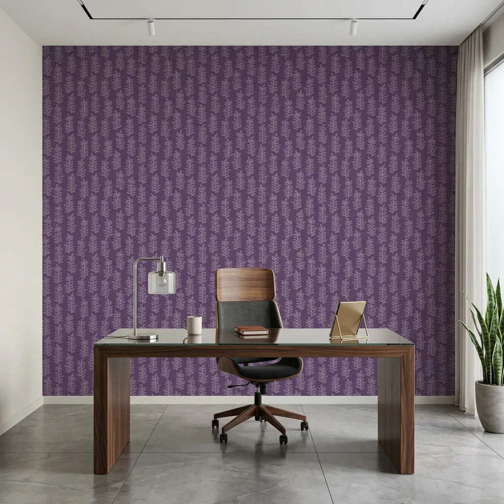 Plum &amp; Vine serene purple trailing leaf wallpaper as a feature wall in a bright home office