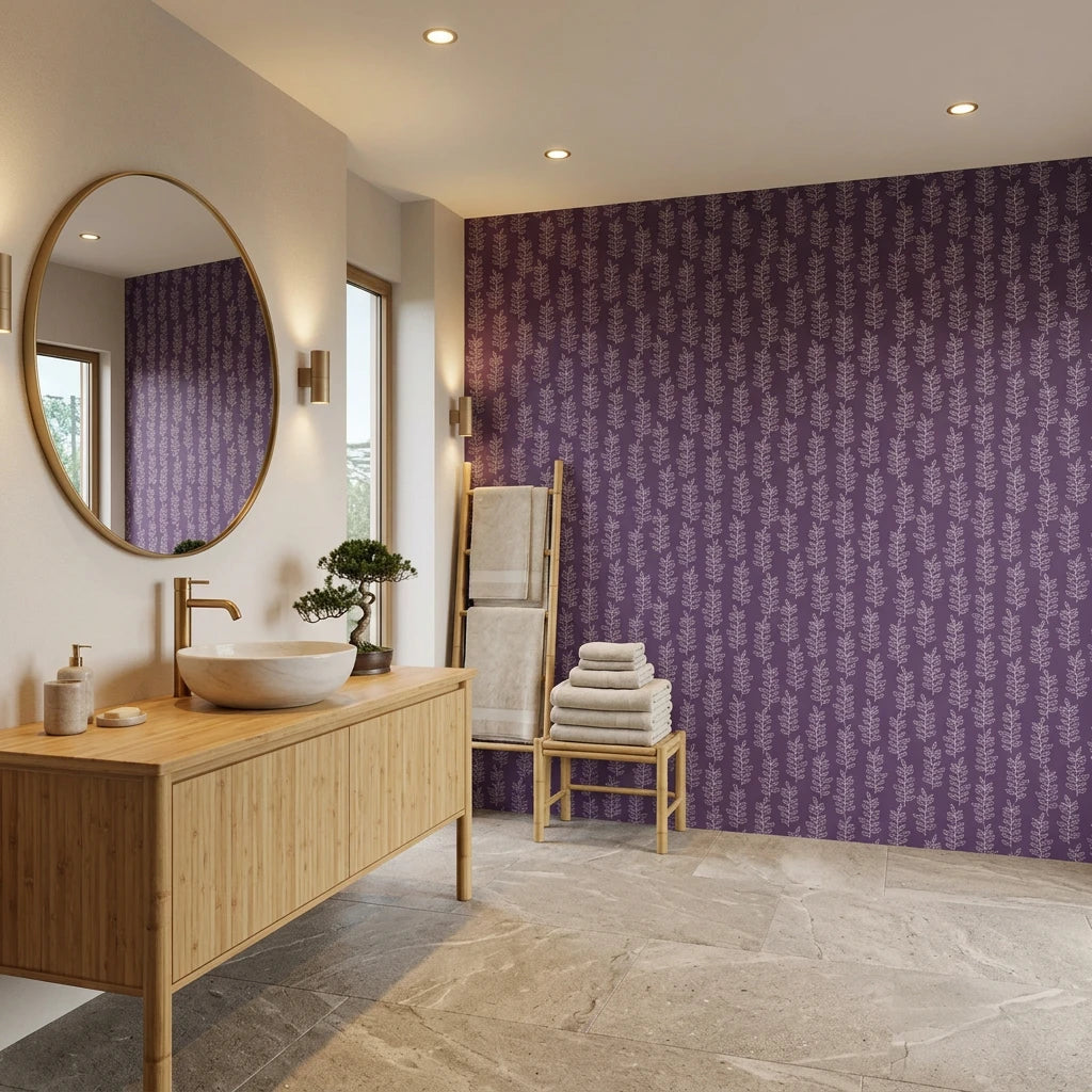 Plum &amp; Vine serene purple trailing leaf wallpaper creating ambiance in a serene bathroom