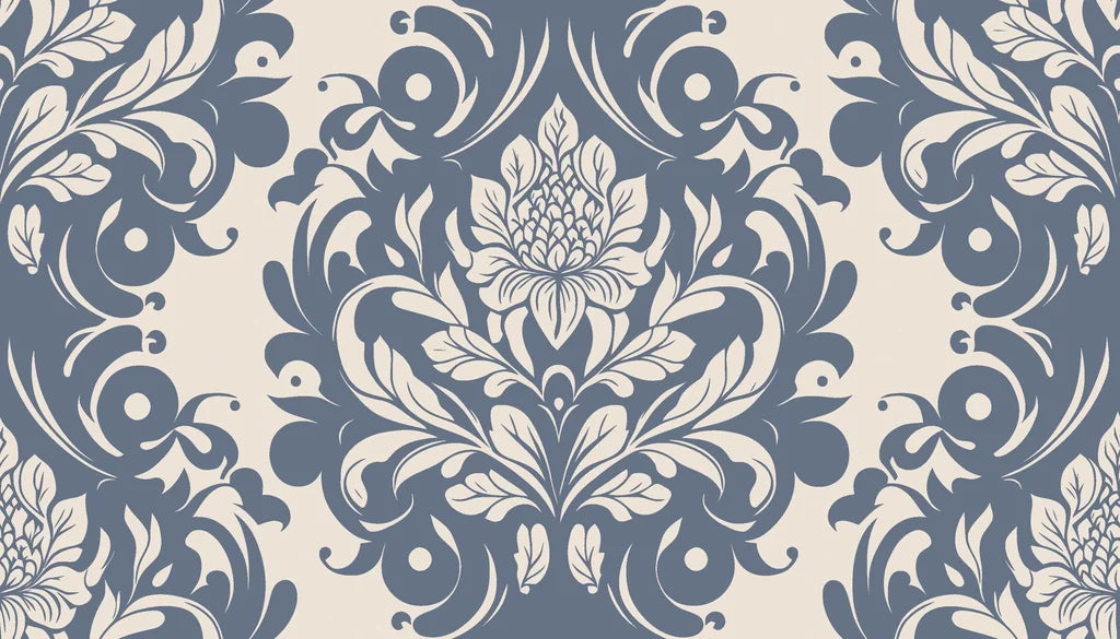 Elegant Poet's Blossom damask wallpaper in slate blue and cream with ornate floral scrollwork