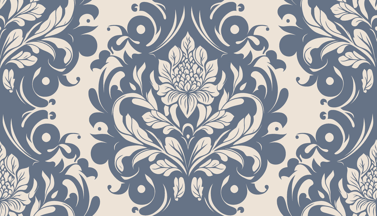Elegant Poet's Blossom damask wallpaper in slate blue and cream with ornate floral scrollwork