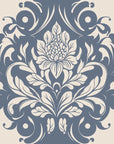 Elegant Poet's Blossom damask wallpaper in slate blue and cream with ornate floral scrollwork