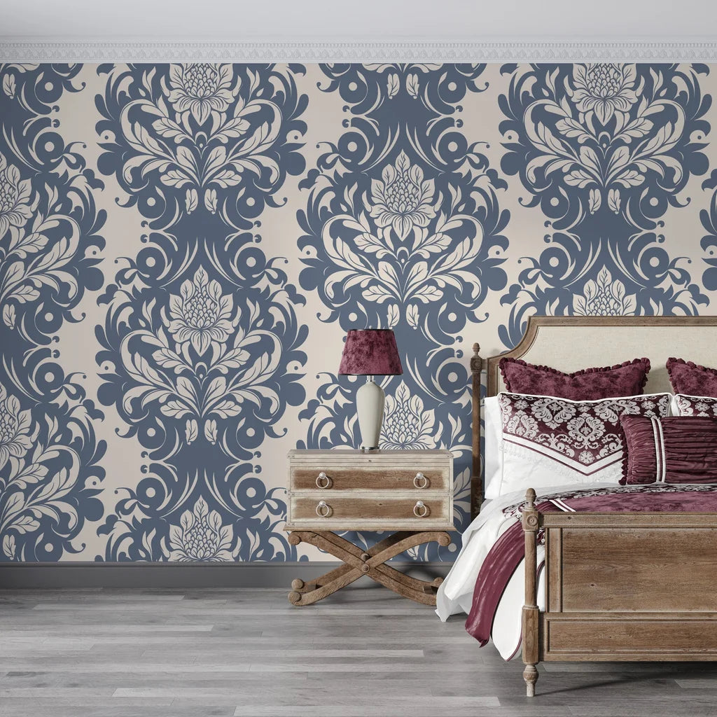 Navy and cream Poet's Blossom damask wallpaper in elegant bedroom with vintage furnishings