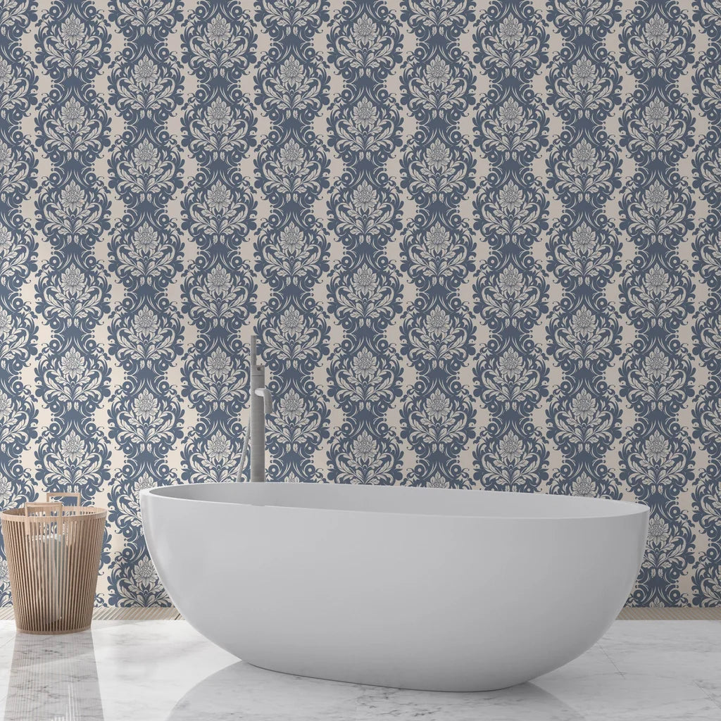 Slate blue and cream Poet's Blossom damask wallpaper in elegant bathroom with freestanding tub