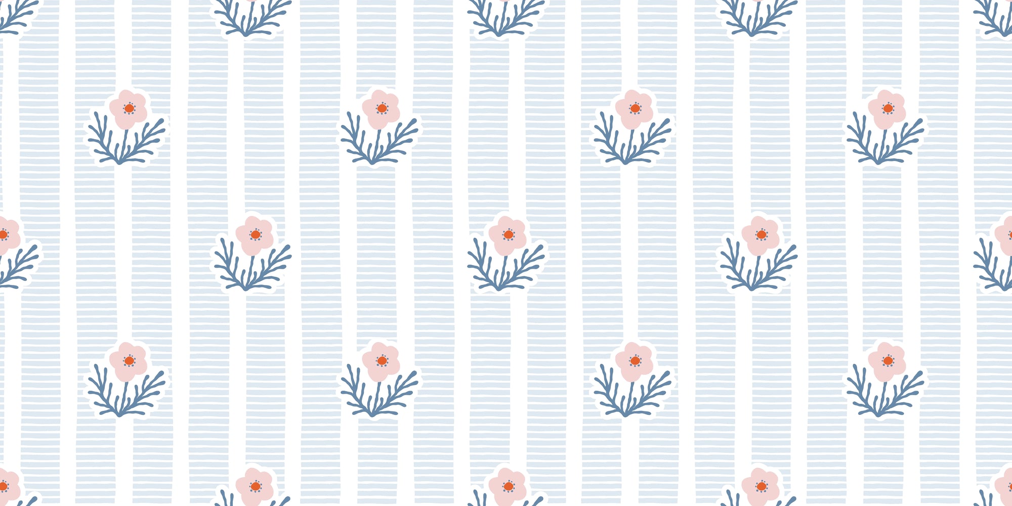 Smooth peel and stick wallpaper with pink florals on blue stripes - Poppy Ribbon