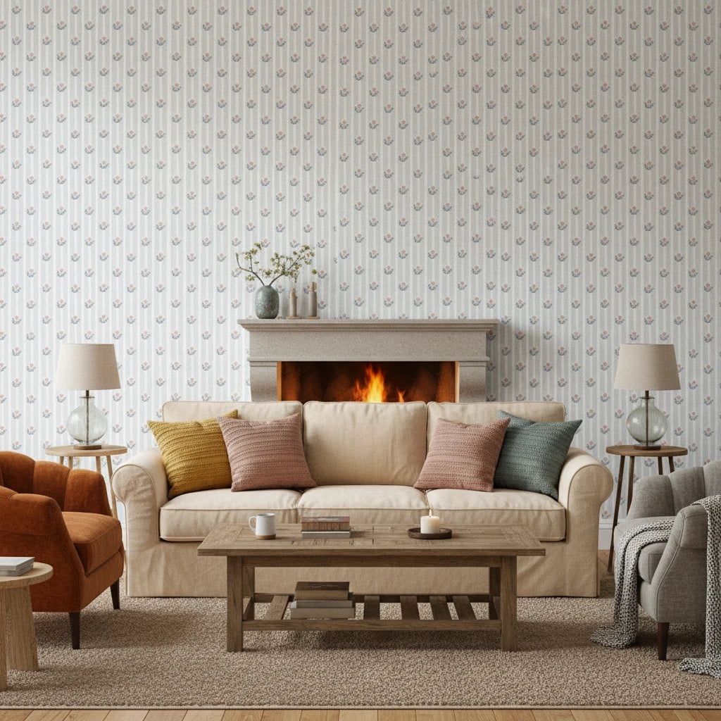Poppy Ribbon playful blue striped floral wallpaper in a warm and inviting living room