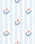 Smooth peel and stick wallpaper with pink florals on blue stripes - Poppy Ribbon