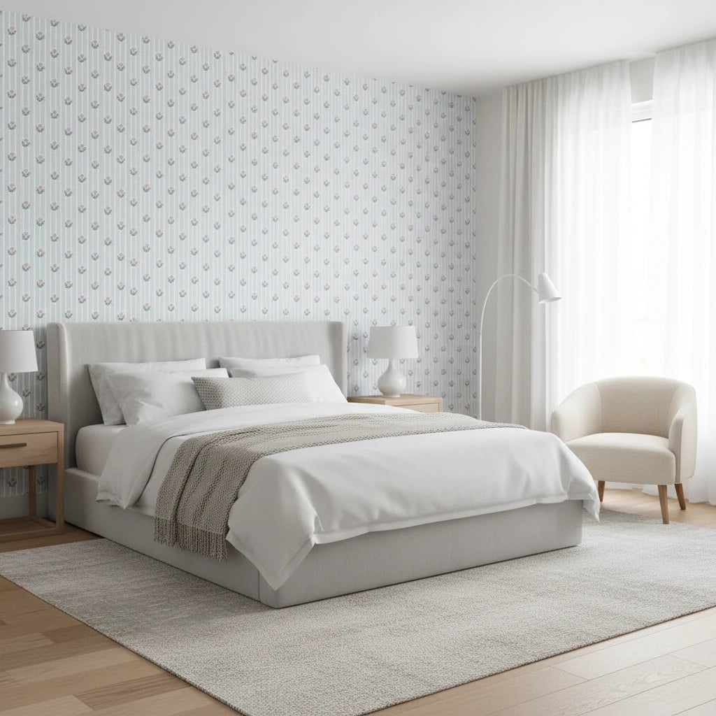 Poppy Ribbon playful blue striped floral wallpaper adding character to a cozy bedroom