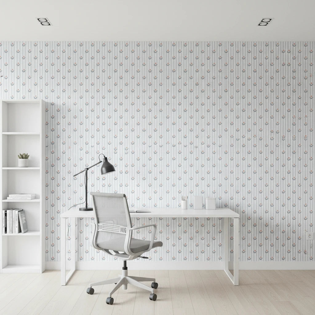 Poppy Ribbon playful blue striped floral wallpaper as a feature wall in a bright home office