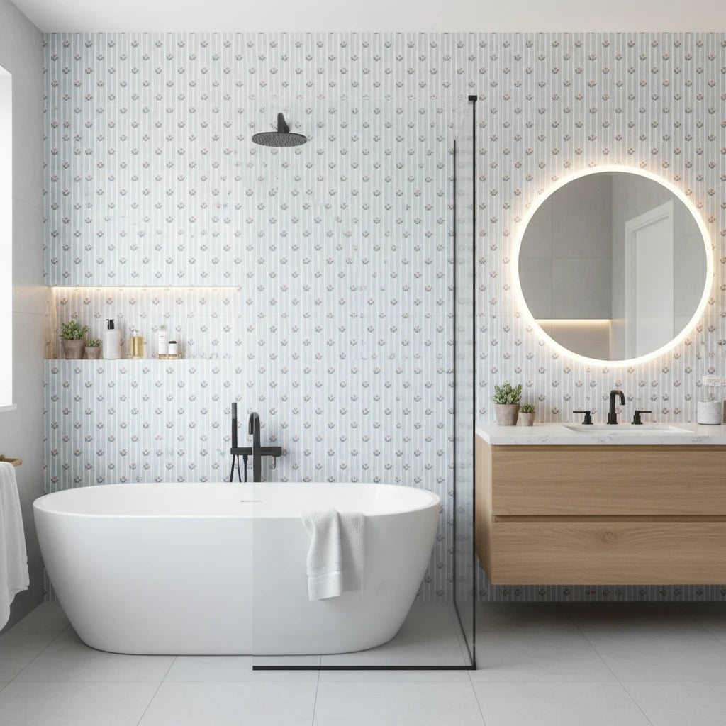 Poppy Ribbon playful blue striped floral wallpaper creating ambiance in a serene bathroom