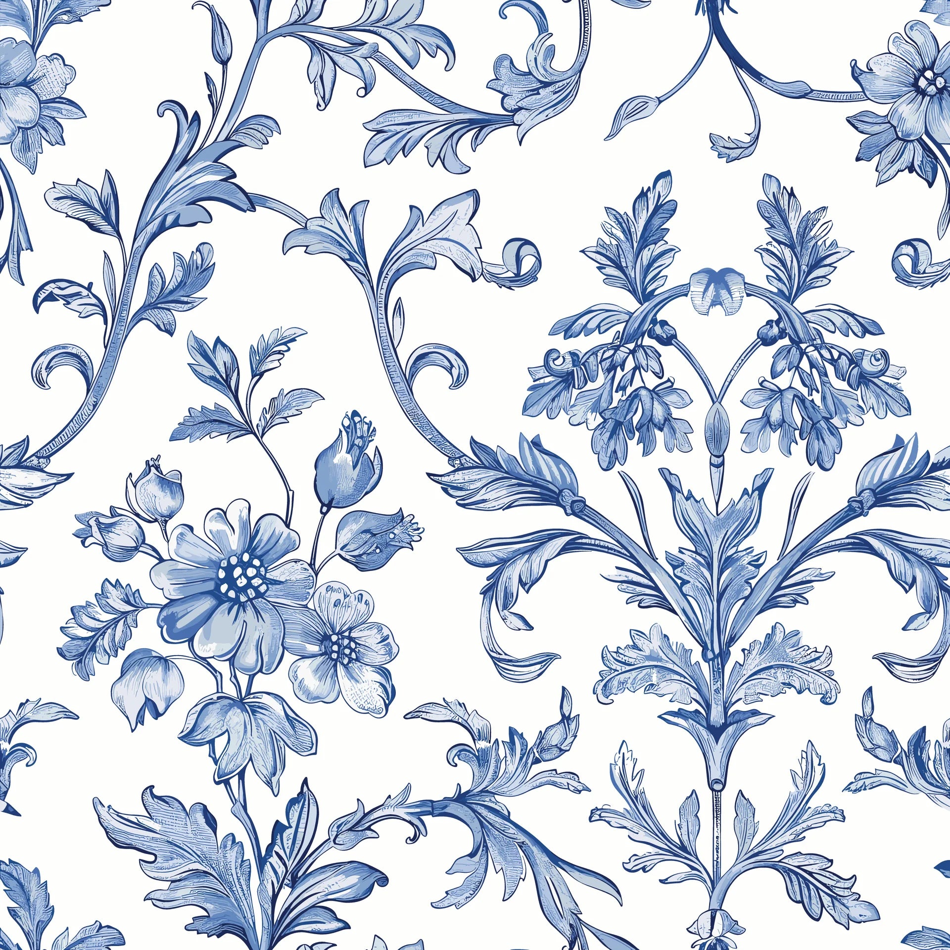 Smooth blue floral chinoiserie on white peel and stick wallpaper - Porcelain Garden
