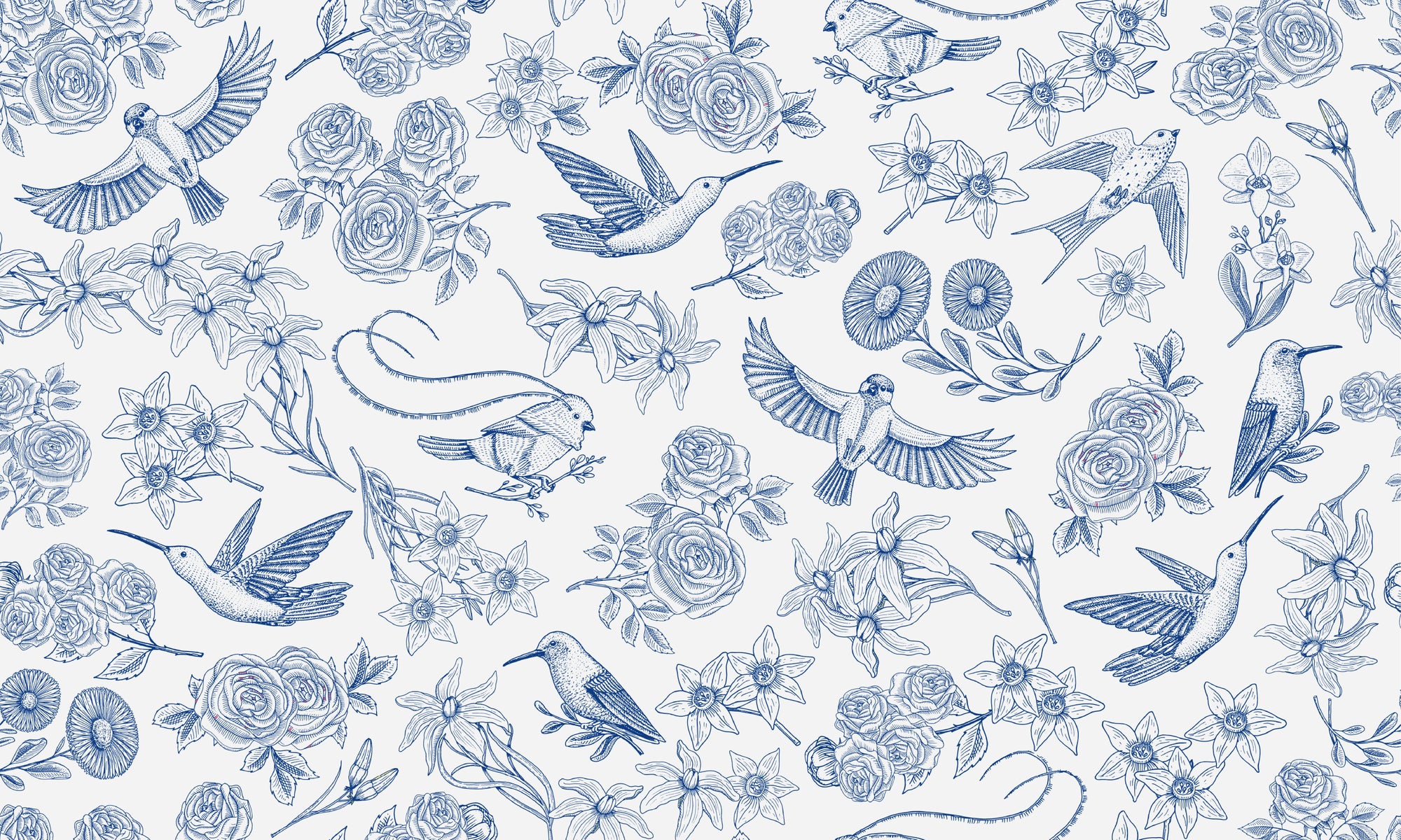 Smooth blue hummingbird floral peel and stick wallpaper - Porcelain Garden