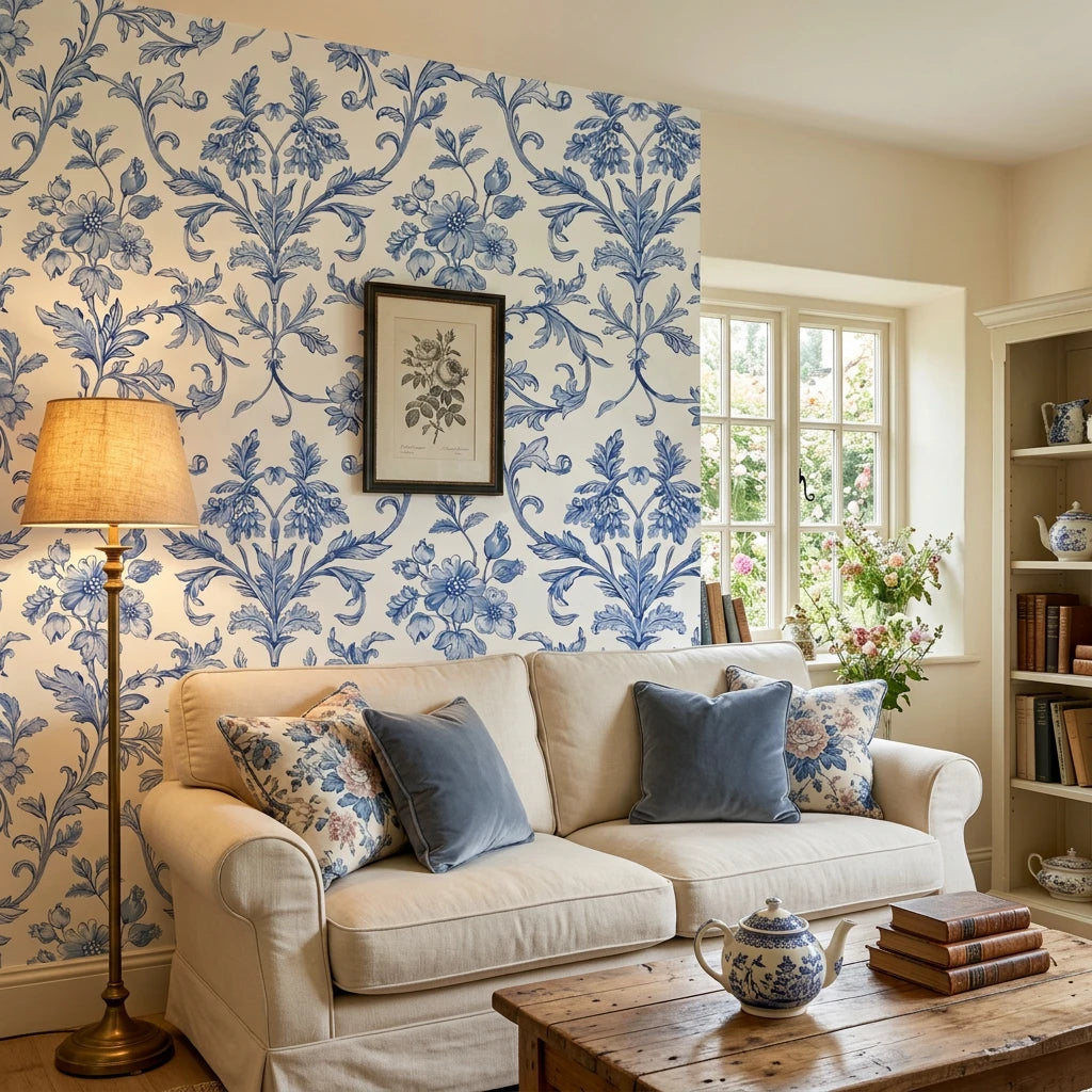 Porcelain Garden elegant blue chinoiserie floral wallpaper in a warm and inviting living room