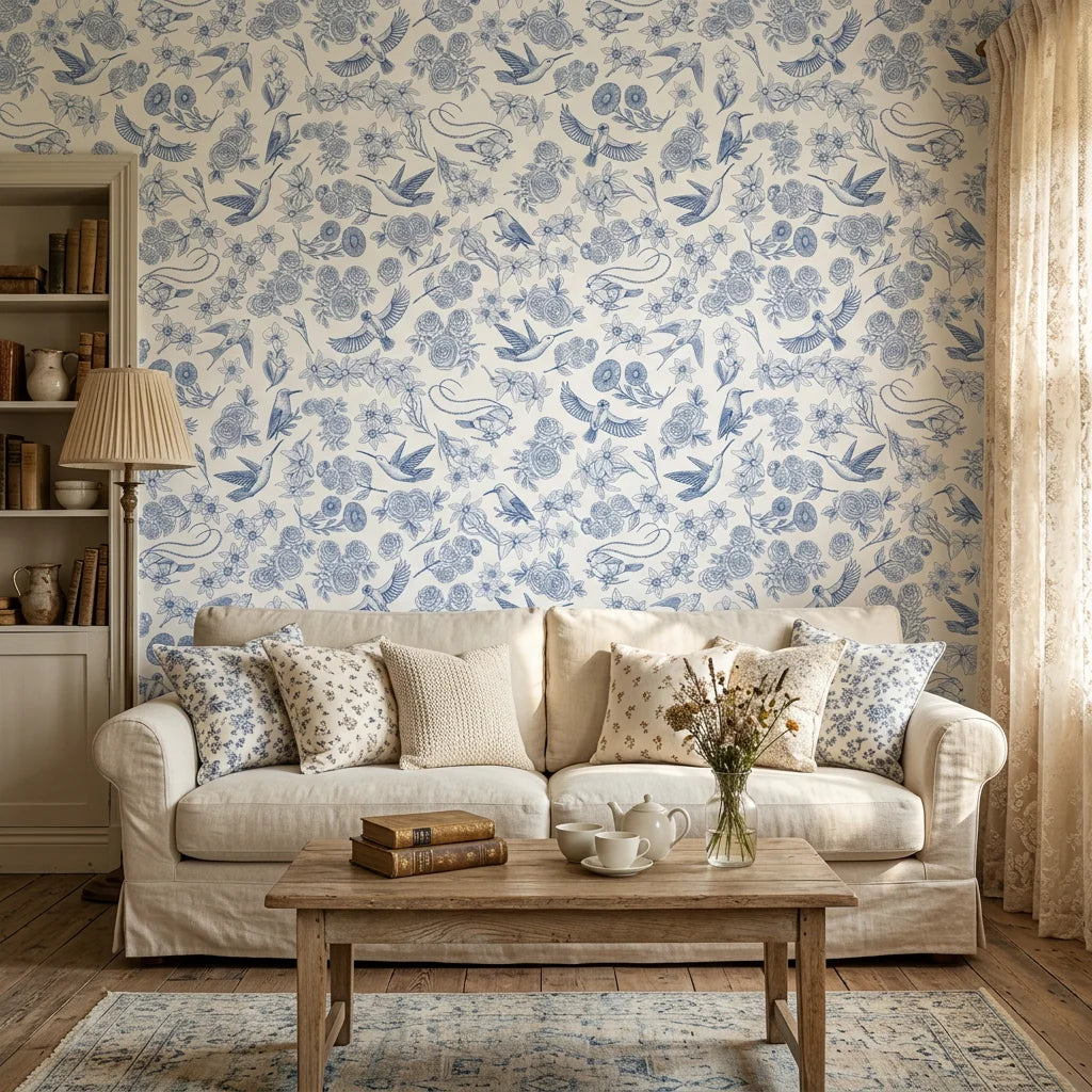 Porcelain Garden blue and white hummingbird floral wallpaper in a warm and inviting living room