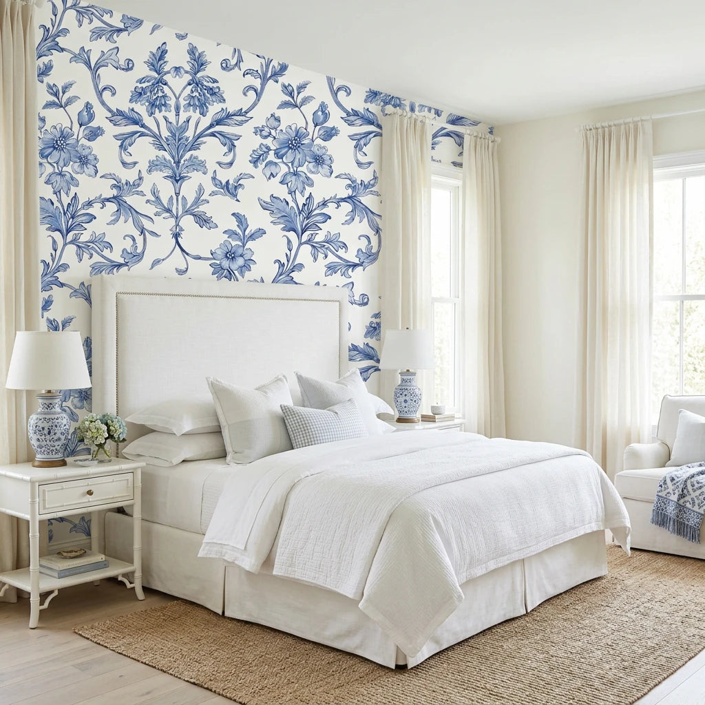 Porcelain Garden elegant blue chinoiserie floral wallpaper adding character to a cozy bedroom