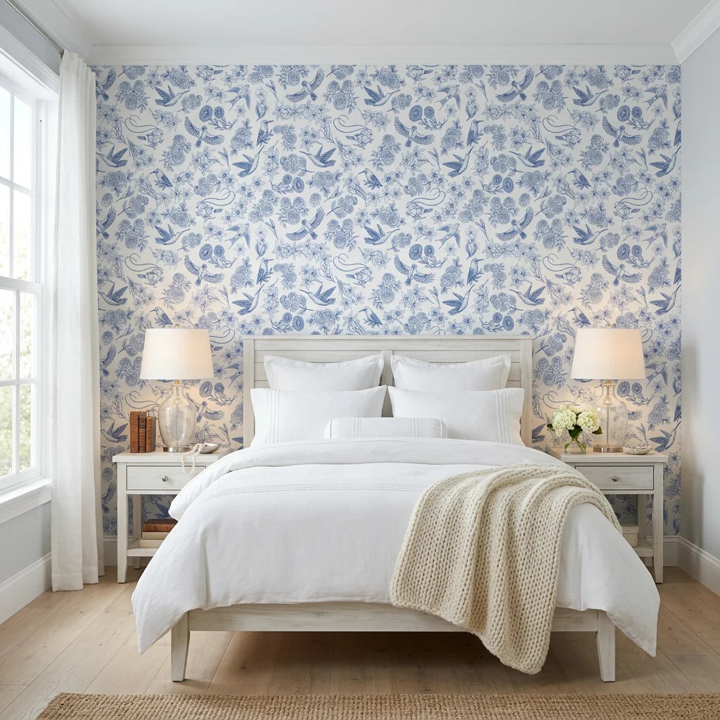 Porcelain Garden blue and white hummingbird floral wallpaper adding character to a cozy bedroom