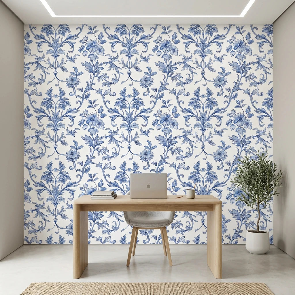 Porcelain Garden elegant blue chinoiserie floral wallpaper as a feature wall in a bright home office
