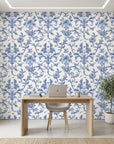 Porcelain Garden elegant blue chinoiserie floral wallpaper as a feature wall in a bright home office