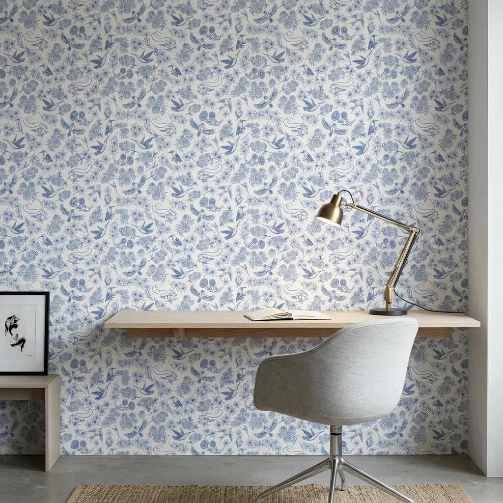 Porcelain Garden blue and white hummingbird floral wallpaper as a feature wall in a bright home office